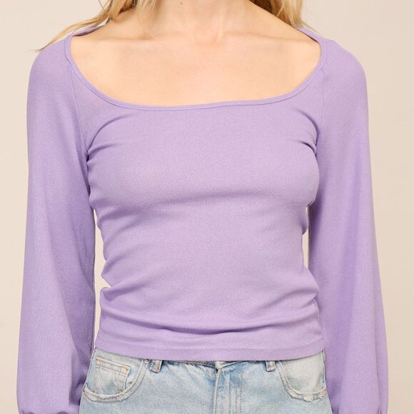 LUMIERE Lavender Square Neck Knit Top | Long Sleeve Fitted Blouse - Picture 6 of 6